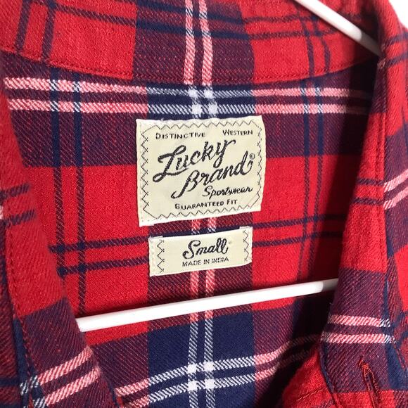 Lucky Brand Distinctive Western Red & Navy Plaid Button Down Shirt Unisex Smalld - Picture 4 of 5